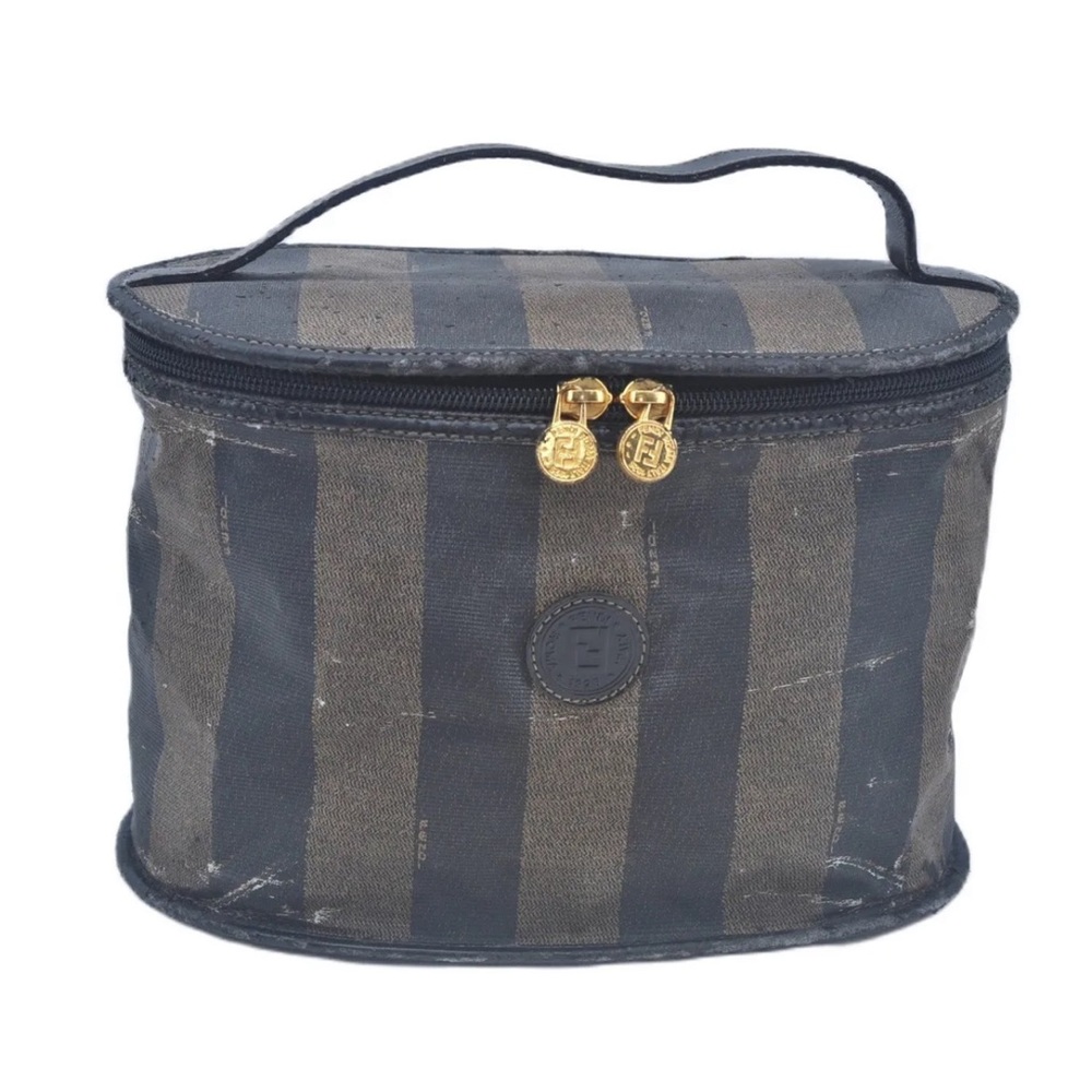 FENDI Pequin Vanity Case Hand Bag Pouch PVC Leather Brown